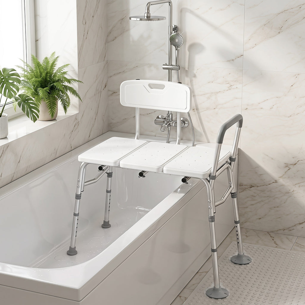 Banc de Transfert Baignoire, Hauteur Réglable à 10 Niveaux, Large Assise, Dossier, Accoudoir, 86x60x89-101cm, Blanc - Dawalishop