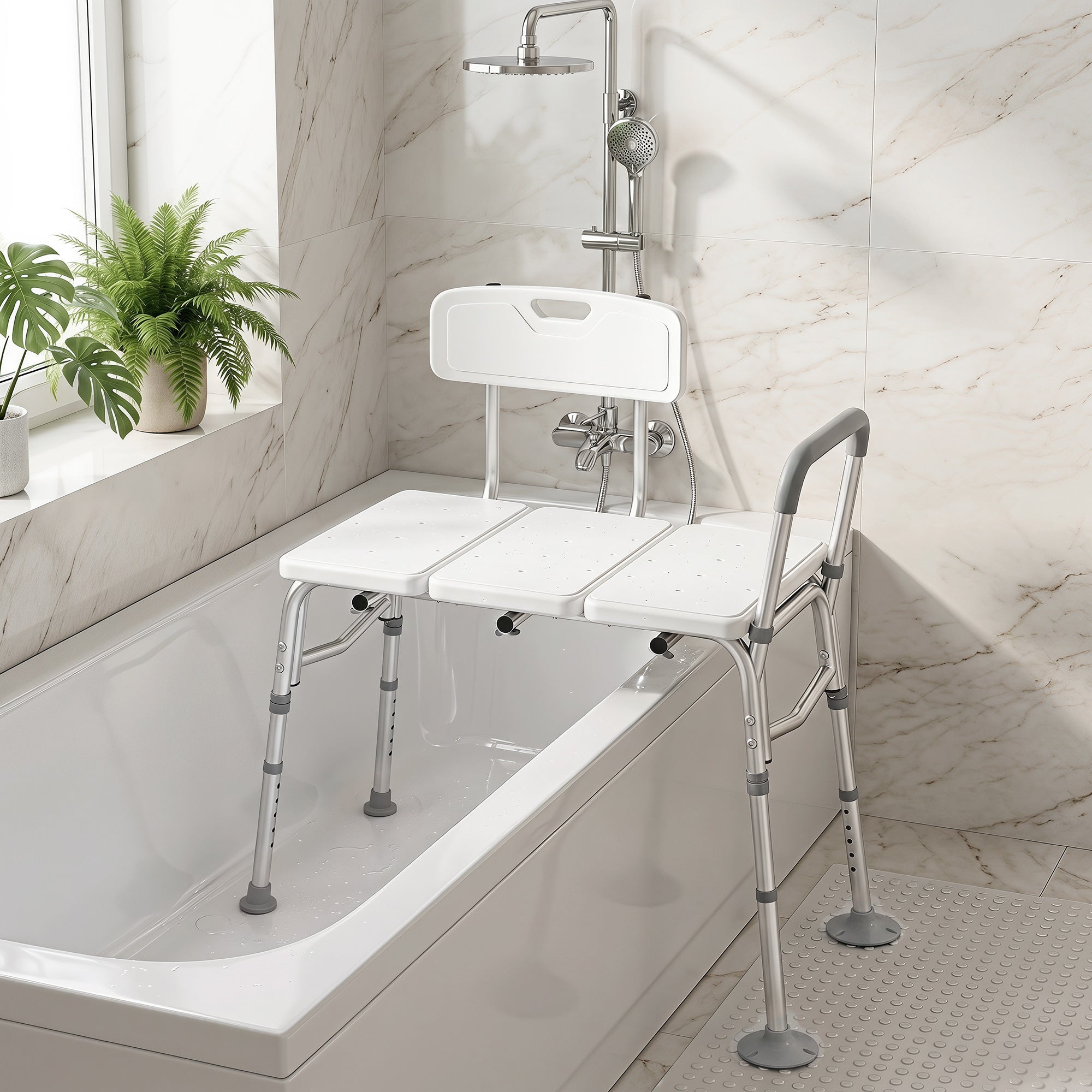 Banc de Transfert Baignoire, Hauteur Réglable à 10 Niveaux, Large Assise, Dossier, Accoudoir, 86x60x89-101cm, Blanc - Dawalishop
