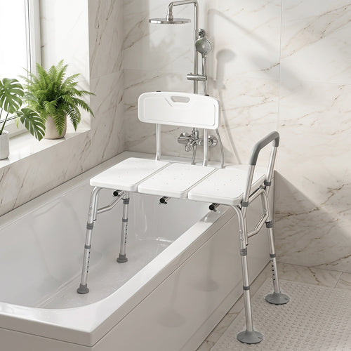 Banc de Transfert Baignoire, Hauteur Réglable à 10 Niveaux, Large Assise, Dossier, Accoudoir, 86x60x89-101cm, Blanc - Dawalishop