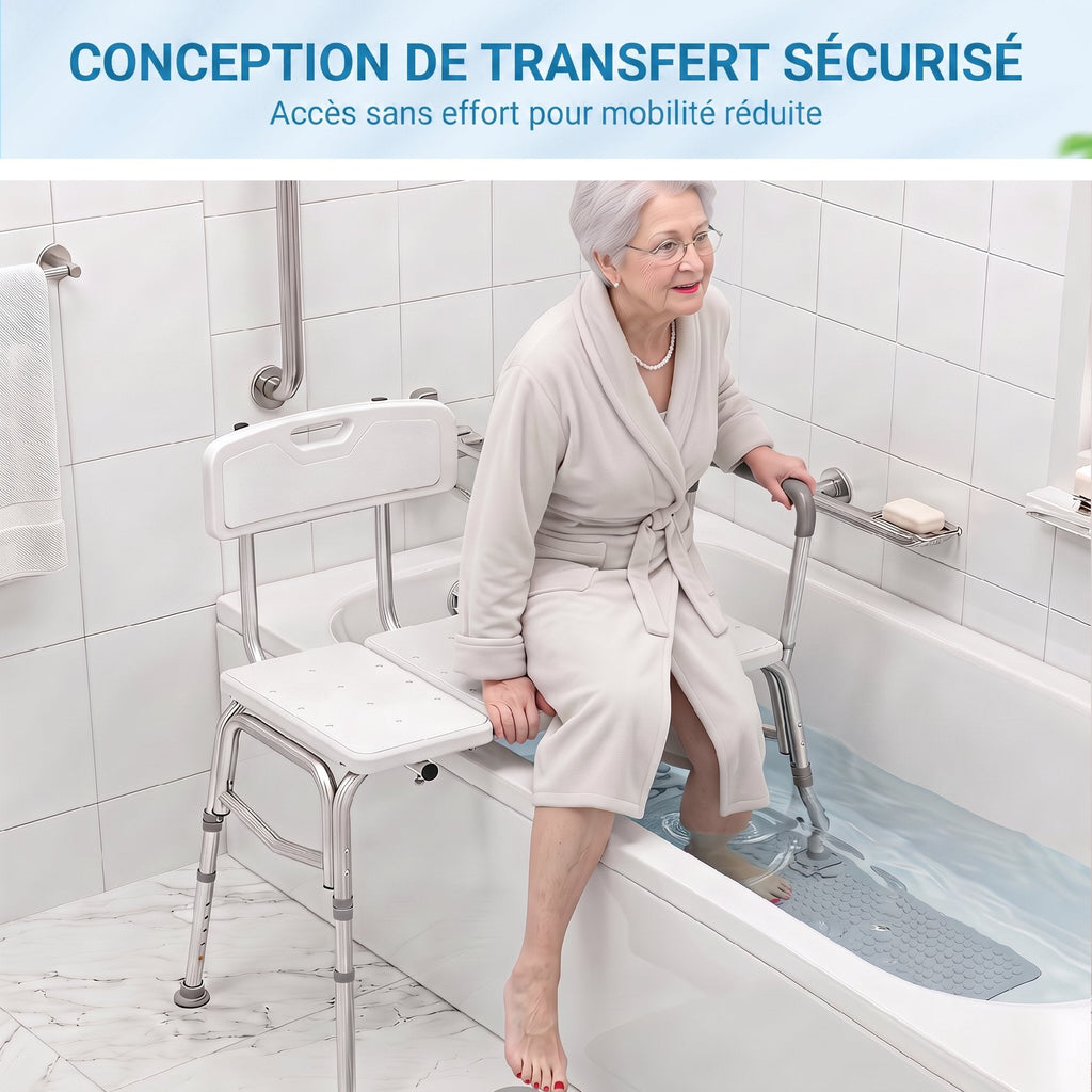 Banc de Transfert Baignoire, Hauteur Réglable à 10 Niveaux, Large Assise, Dossier, Accoudoir, 86x60x89-101cm, Blanc - Dawalishop
