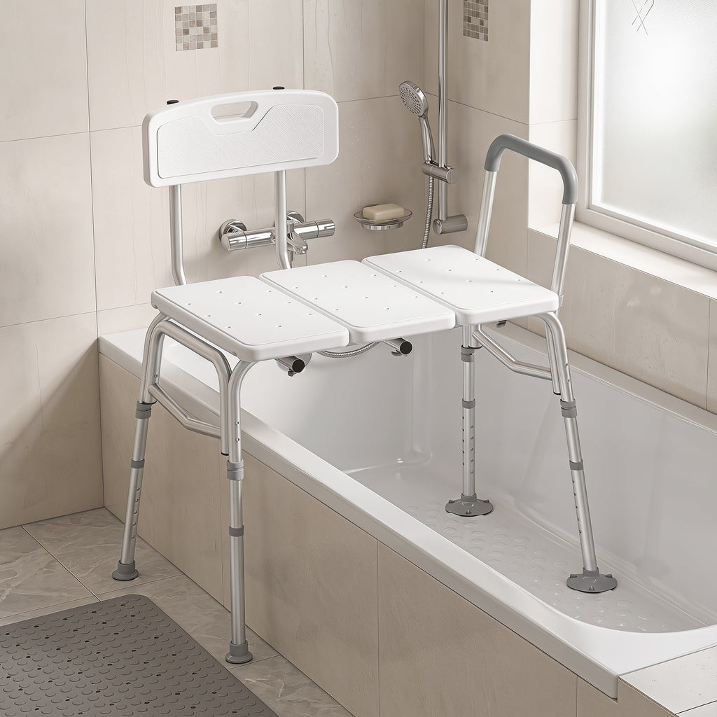 Banc de Transfert Baignoire, Hauteur Réglable à 10 Niveaux, Large Assise, Dossier, Accoudoir, 86x60x89-101cm, Blanc - Dawalishop