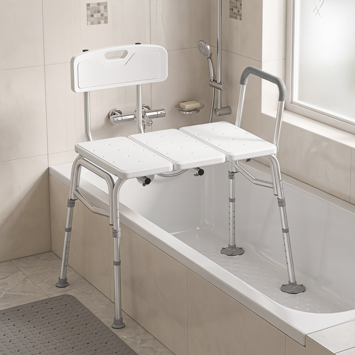 Banc de Transfert Baignoire, Hauteur Réglable à 10 Niveaux, Large Assise, Dossier, Accoudoir, 86x60x89-101cm, Blanc - Dawalishop
