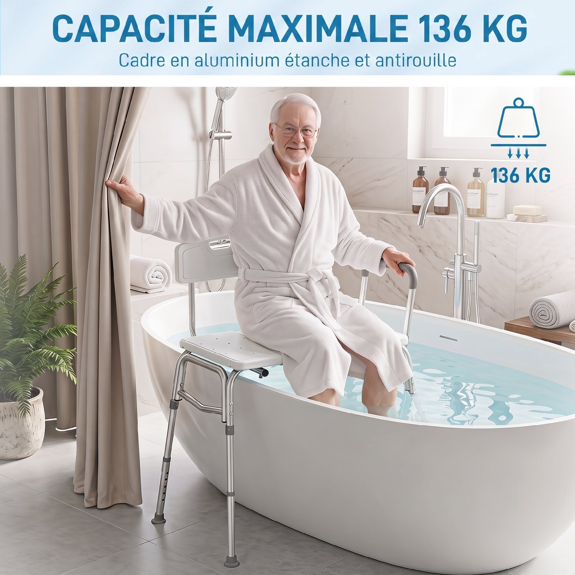Banc de Transfert Baignoire, Hauteur Réglable à 10 Niveaux, Large Assise, Dossier, Accoudoir, 86x60x89-101cm, Blanc - Dawalishop