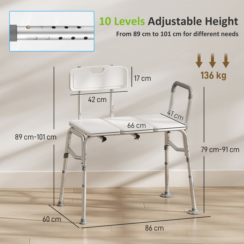 Banc de Transfert Baignoire, Hauteur Réglable à 10 Niveaux, Large Assise, Dossier, Accoudoir, 86x60x89-101cm, Blanc - Dawalishop
