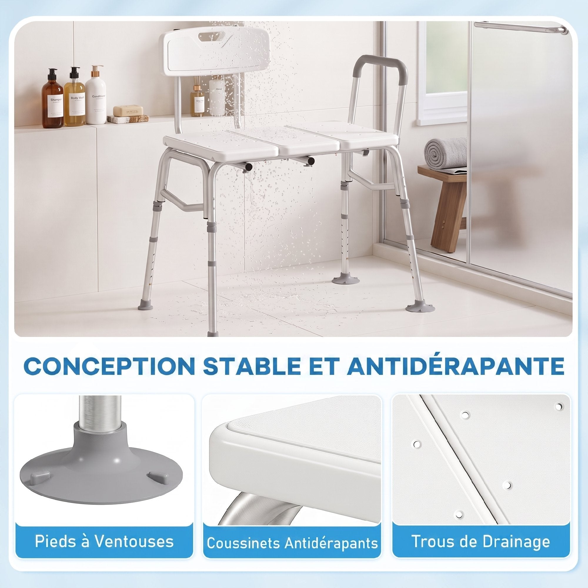 Banc de Transfert Baignoire, Hauteur Réglable à 10 Niveaux, Large Assise, Dossier, Accoudoir, 86x60x89-101cm, Blanc - Dawalishop