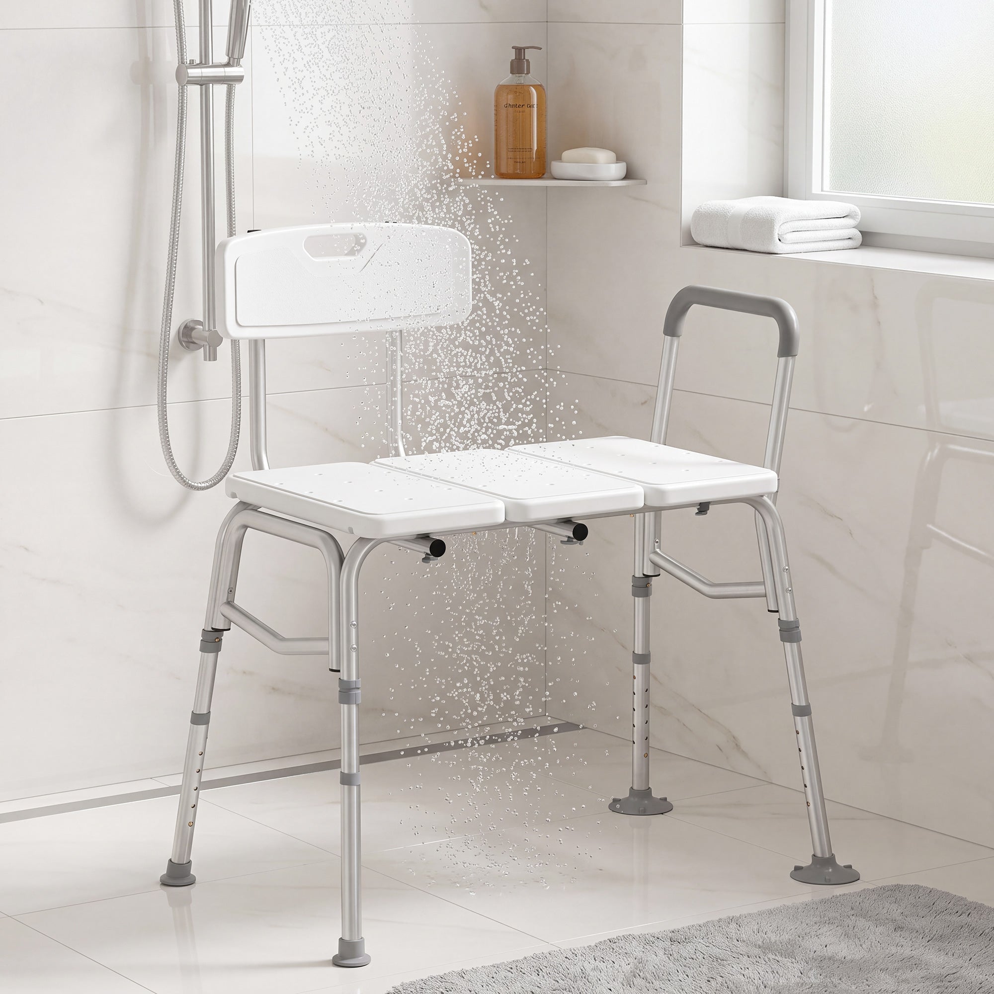 Banc de Transfert Baignoire, Hauteur Réglable à 10 Niveaux, Large Assise, Dossier, Accoudoir, 86x60x89-101cm, Blanc - Dawalishop
