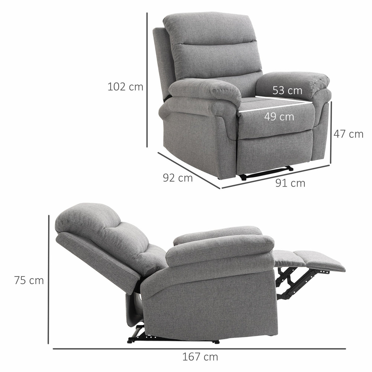 Fauteuil de Relaxation inclinable Manuel avec Repose-Pied Ajustable Tissu Polyester Aspect Lin Gris Clair chiné - Dawalishop