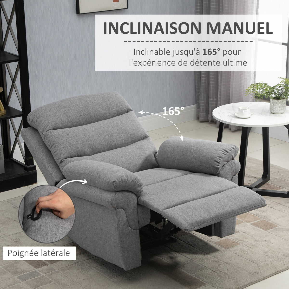 Fauteuil de Relaxation inclinable Manuel avec Repose-Pied Ajustable Tissu Polyester Aspect Lin Gris Clair chiné - Dawalishop