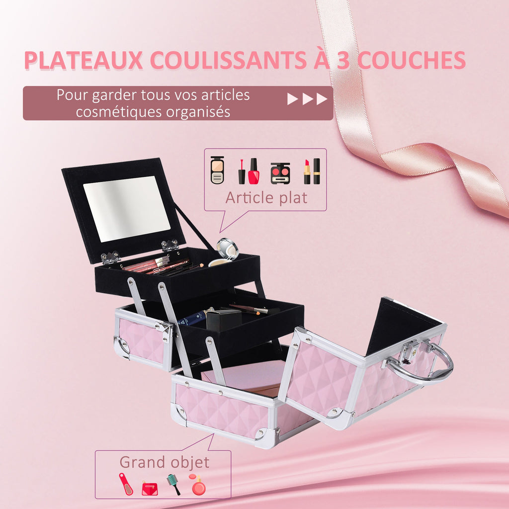 Mallette à maquillage rangement à 3 niveaux avec miroir verrouillage avec 2 clés dim. 20L x 15l x 15H cm rose - Dawalishop