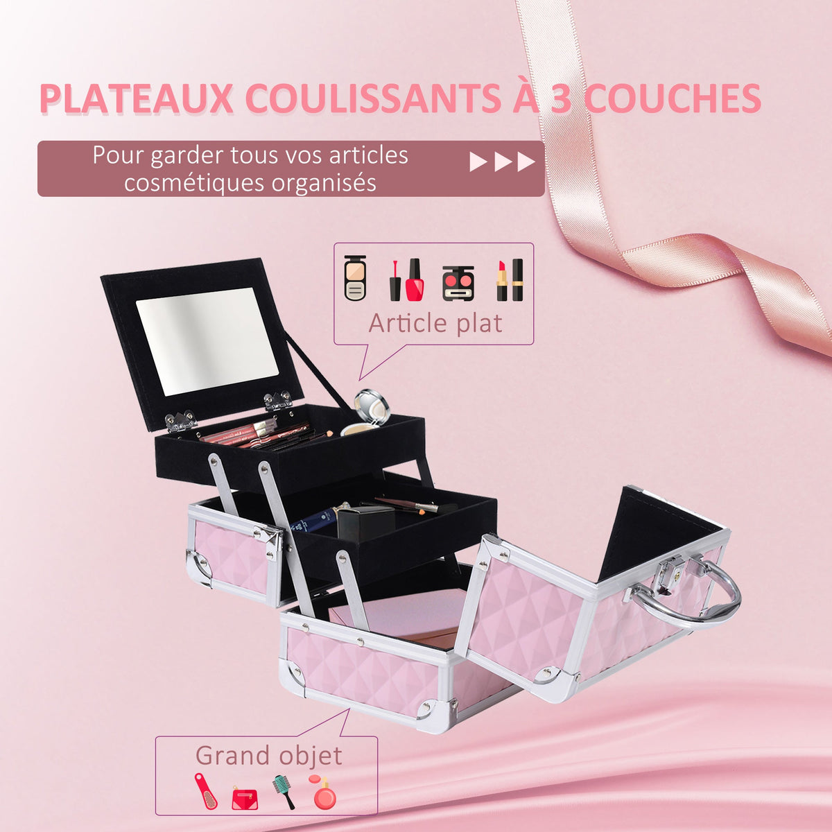 Mallette à maquillage rangement à 3 niveaux avec miroir verrouillage avec 2 clés dim. 20L x 15l x 15H cm rose - Dawalishop