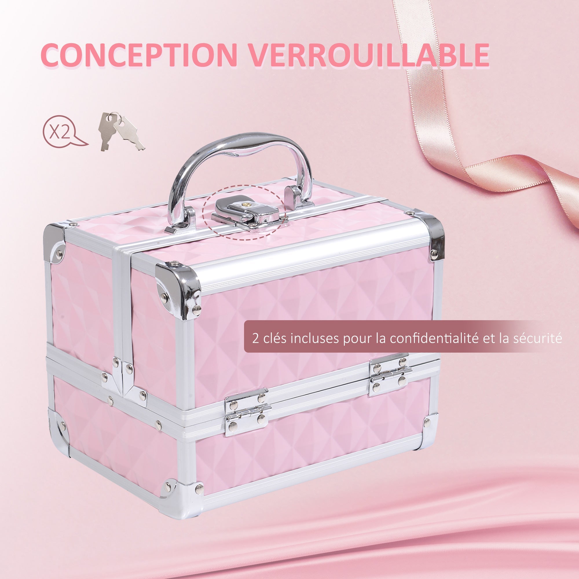Mallette à maquillage rangement à 3 niveaux avec miroir verrouillage avec 2 clés dim. 20L x 15l x 15H cm rose - Dawalishop