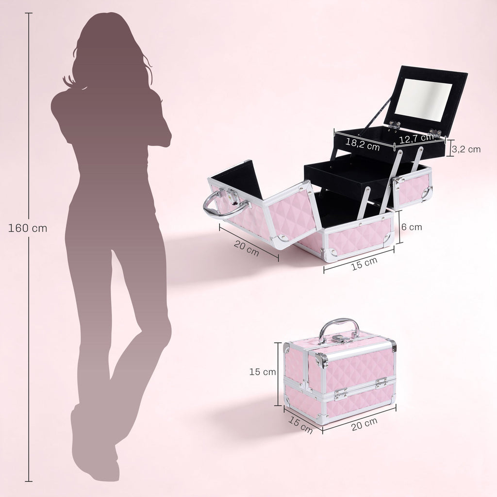 Mallette à maquillage rangement à 3 niveaux avec miroir verrouillage avec 2 clés dim. 20L x 15l x 15H cm rose - Dawalishop