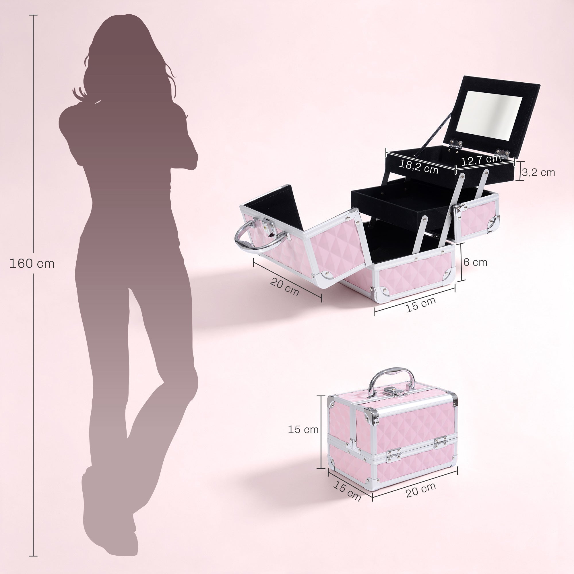 Mallette à maquillage rangement à 3 niveaux avec miroir verrouillage avec 2 clés dim. 20L x 15l x 15H cm rose - Dawalishop