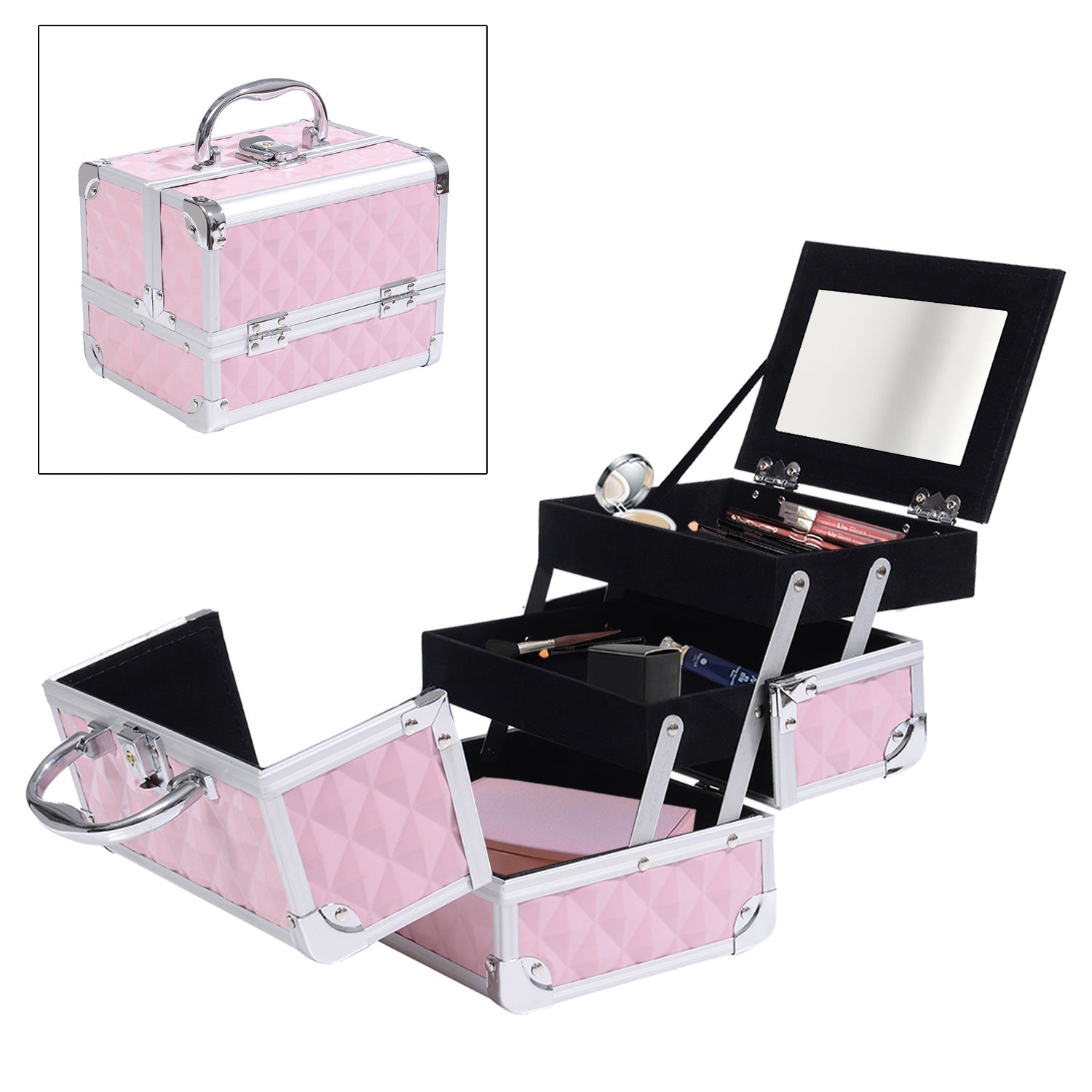 Mallette à maquillage rangement à 3 niveaux avec miroir verrouillage avec 2 clés dim. 20L x 15l x 15H cm rose - Dawalishop