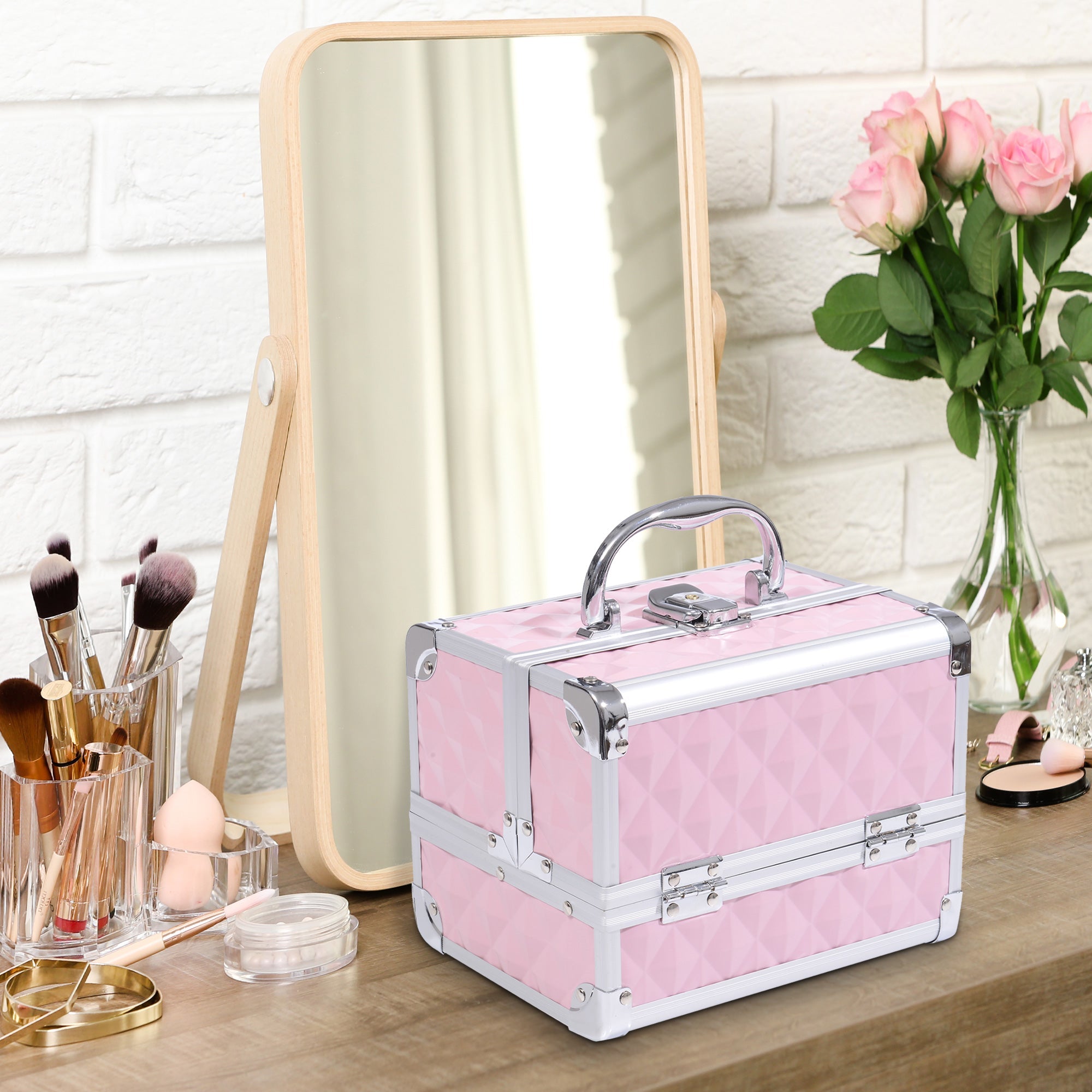 Mallette à maquillage rangement à 3 niveaux avec miroir verrouillage avec 2 clés dim. 20L x 15l x 15H cm rose - Dawalishop