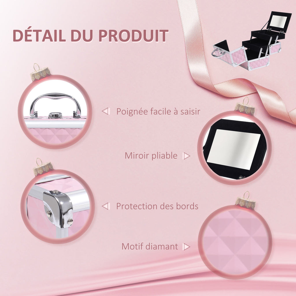 Mallette à maquillage rangement à 3 niveaux avec miroir verrouillage avec 2 clés dim. 20L x 15l x 15H cm rose - Dawalishop